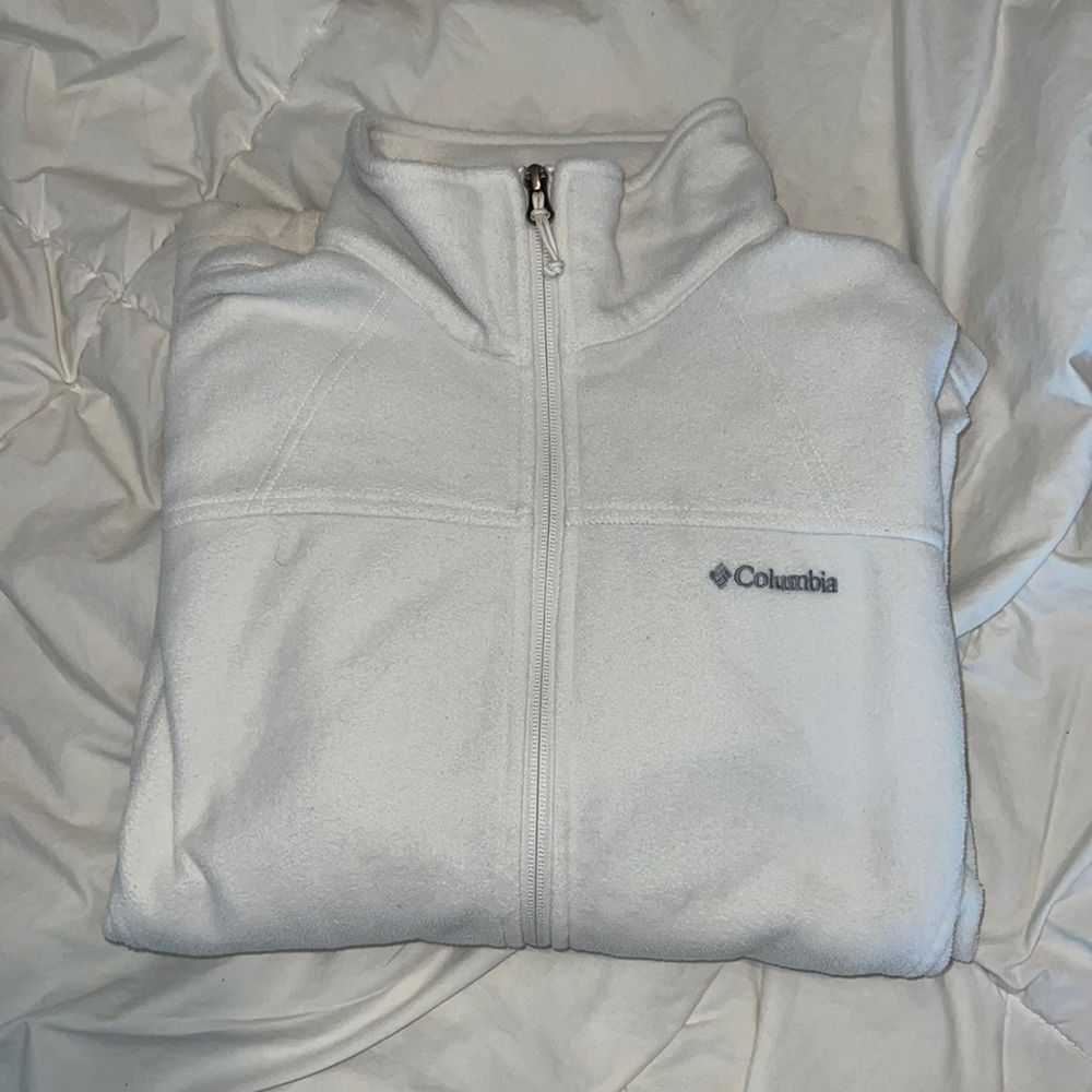 All white Columbia fuzzy zip up